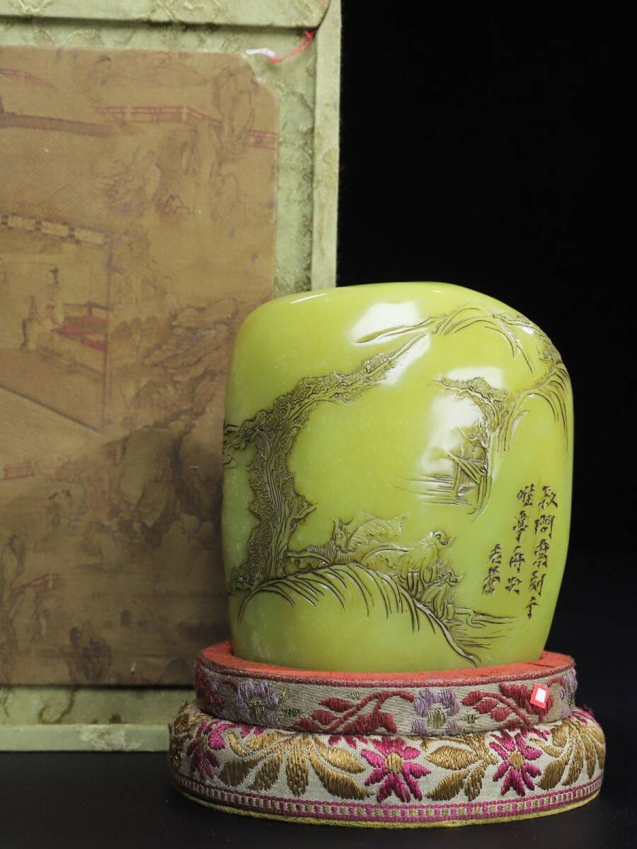 永し 清時代 壽山石彫 艾葉緑 山水人物紋 印章 印鑑 印璽 極細工 置物擺件 古美術品 時代物 古董品 収集 古美味 旧家蔵出 中国唐物 742g拍卖