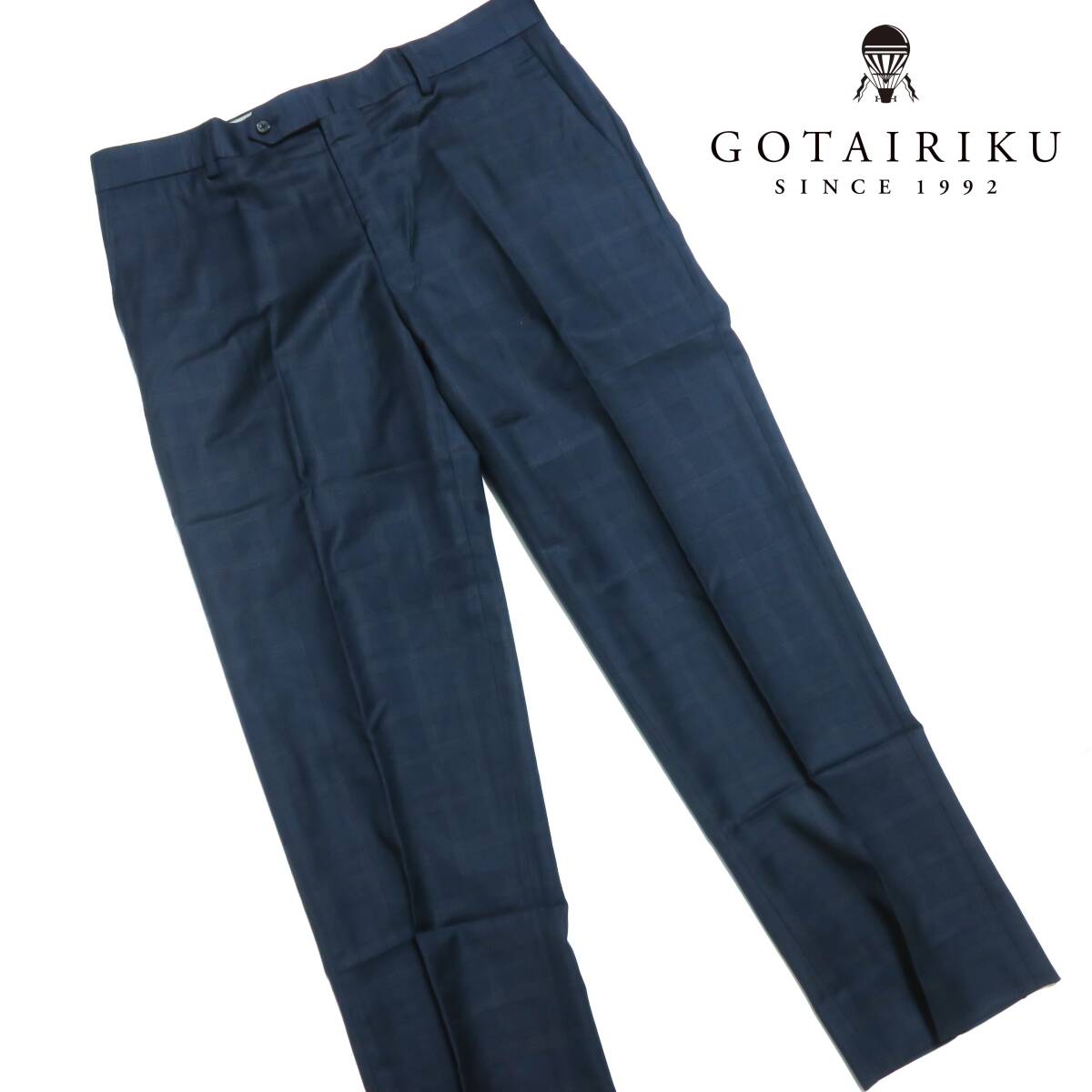 R020■秋冬 五大陸 GOTAIRIKU ゴタイリク 紺色系チェック 高級ウールスラックス W91cm 少々訳有 オンワード樫山拍卖