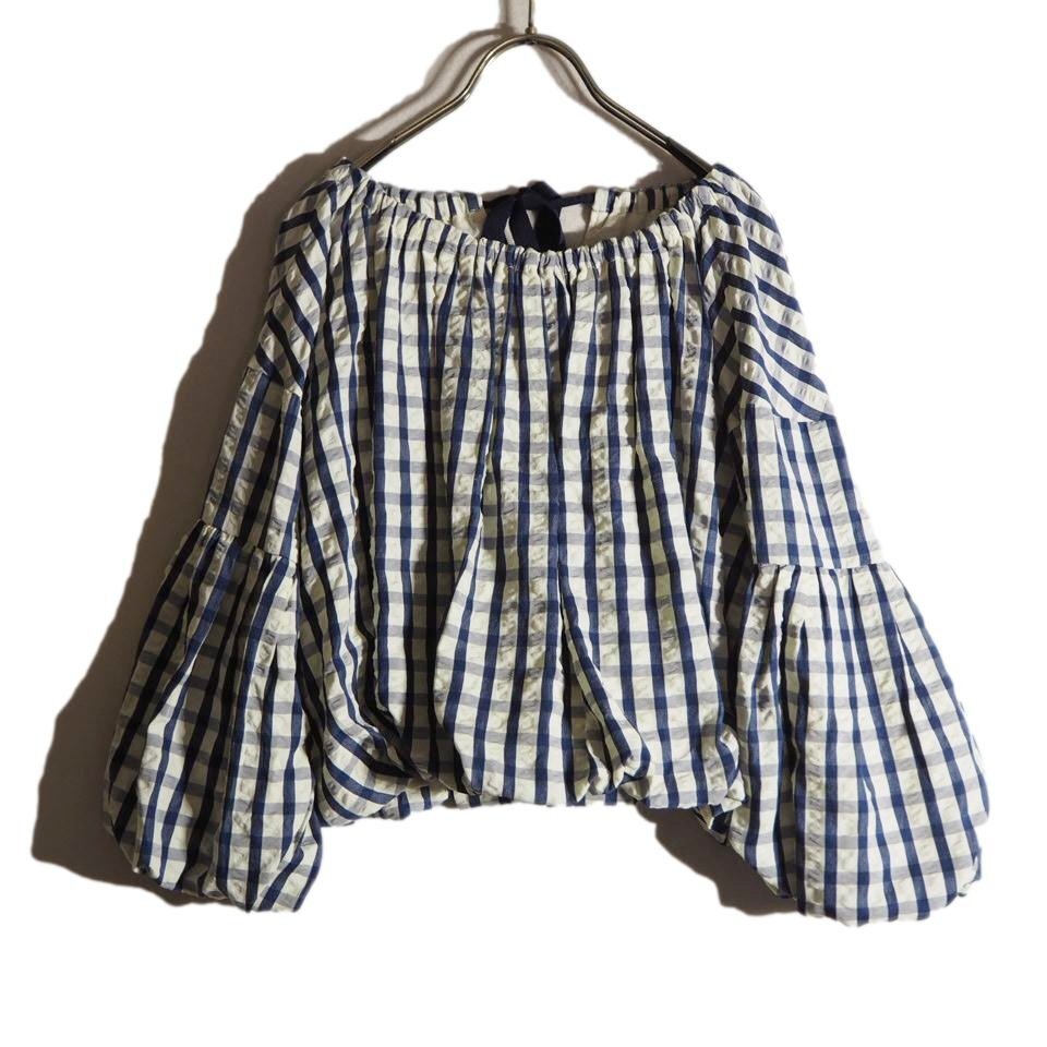 R1865f12 ▼MARILYN MOON マリリンムーン▼ 前後2way crepe check balloon sleeve blouse レーヨン混 チェック ブラウス ネイビー 春夏拍卖