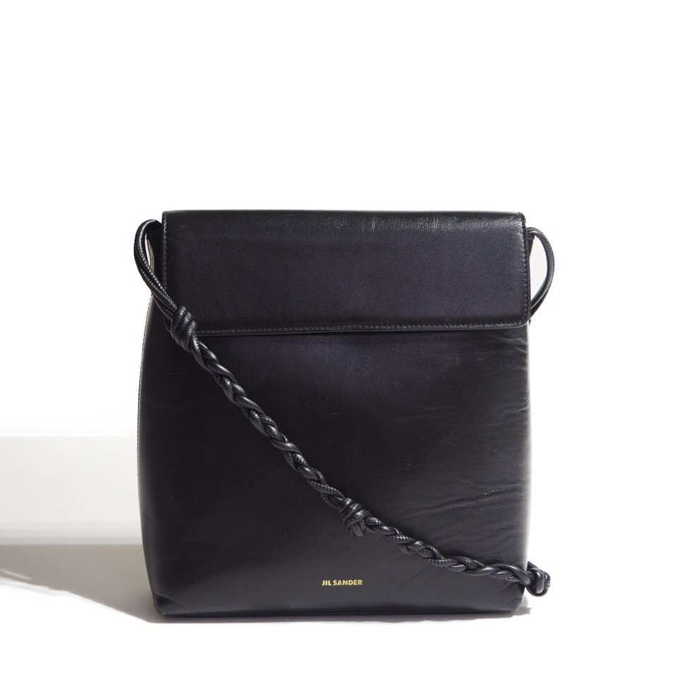 R1728R5 ▼JIL SANDER ジルサンダー▼ タングルフラップ ミディアム レザー ショルダーバッグ ブラック ユニセックス 黒拍卖