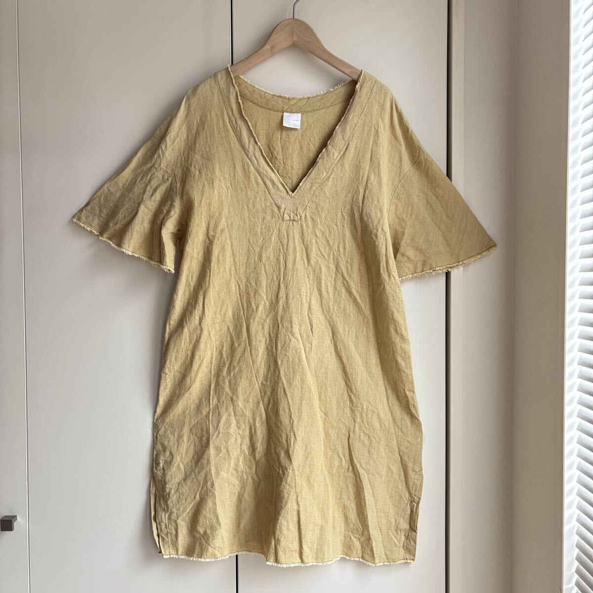 CITYSHOP シティショップ リネンワンピース 膝下 五分袖 麻100% 春夏 フリンジ Vネック エスニック拍卖