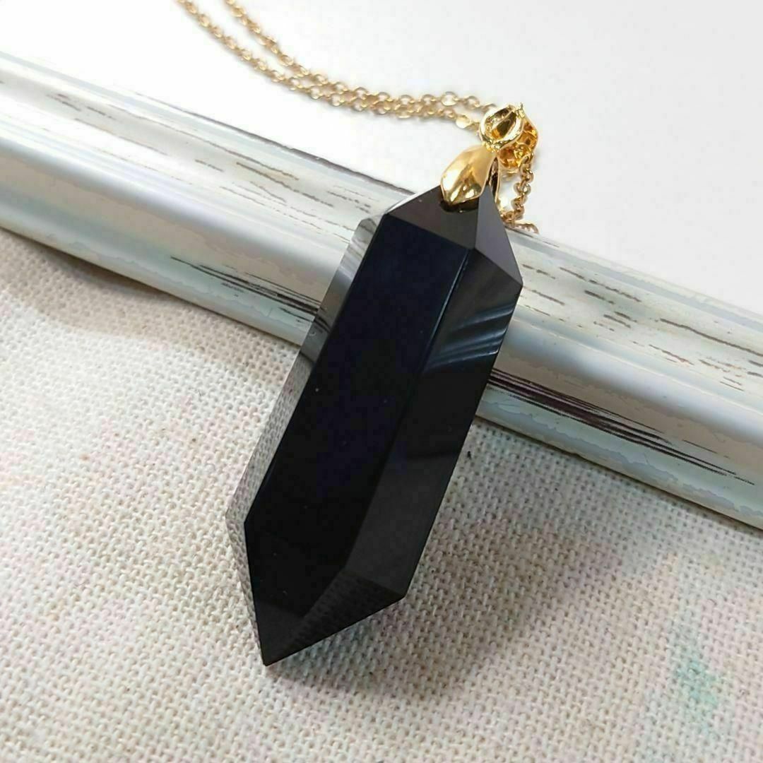 【最強の魔除け、お守り】漆黒の黒水晶モリオンの六角柱ダブルポイントネックレス拍卖