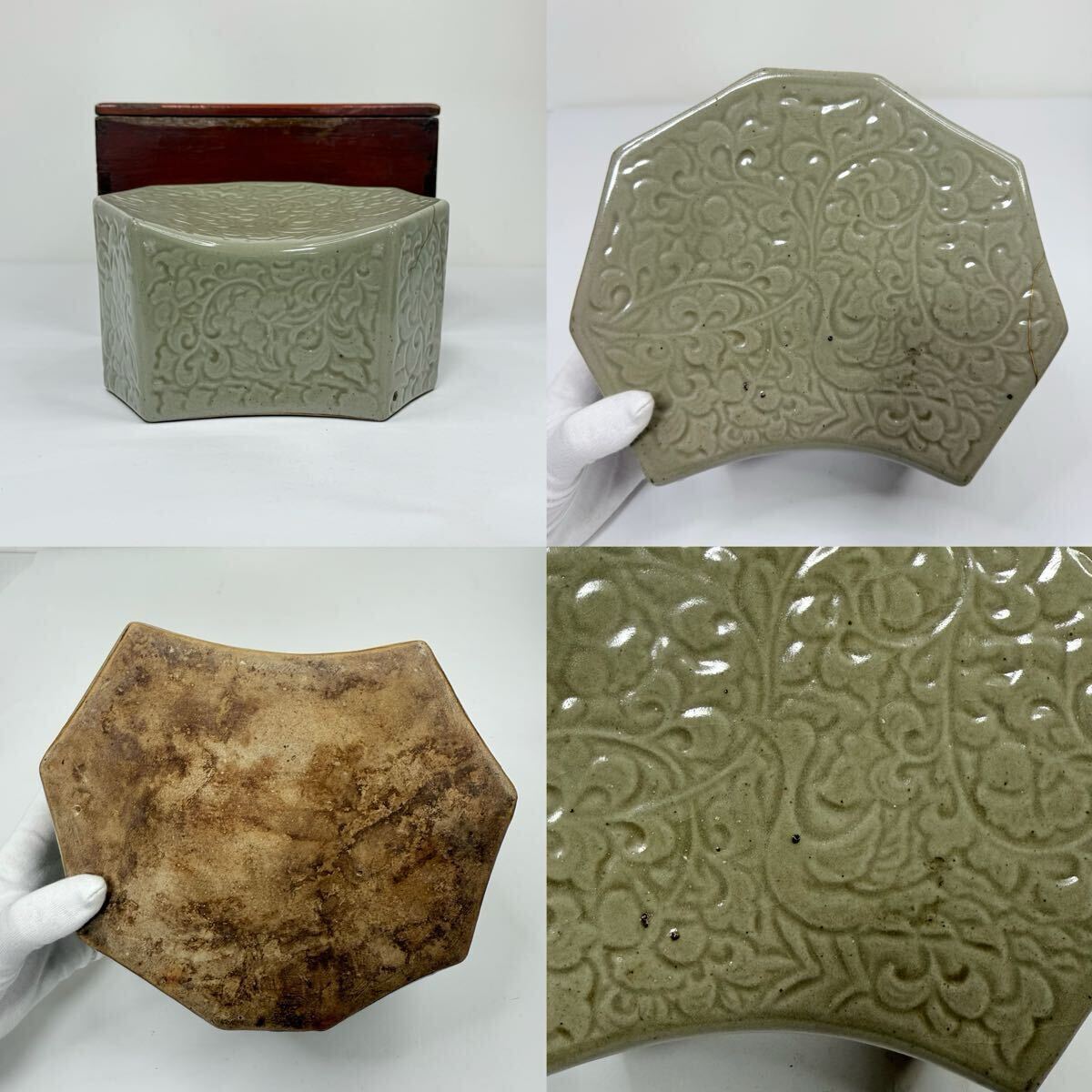 X-中国古美術 時代物 青磁 枕 花鳥図 共箱付 唐物 陶磁器 中国古玩 骨董品拍卖