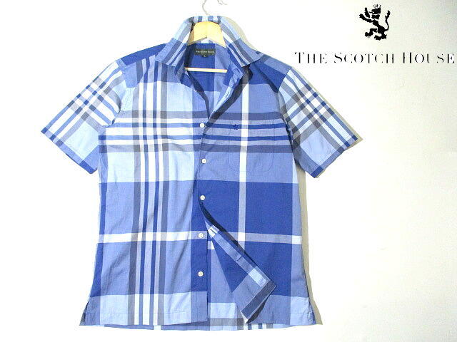 美品■ 即決! ザ・スコッチハウス 大判チェック ランパントライオン 刺繍 半袖シャツ 青 ブルー Lサイズ THE SCOTCH HOUSE拍卖