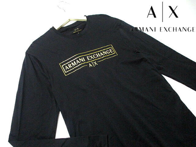 美品▼ 即決! アルマーニエクスチェンジ ゴールドロゴ 金 刺繍 長袖カットソー ロンT 黒 ブラック ARMANI EXCHANGE S AX拍卖