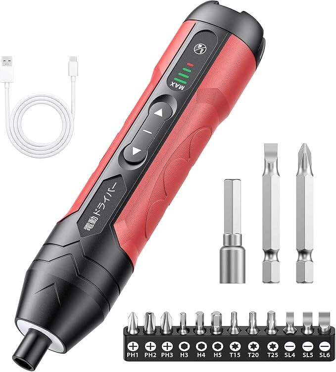電動ドライバー 充電式 ドライバー 手動兼用 4段階切替モード 正逆転切替 Type-C LEDライト ネジ回し 合金製 15本付 軽量 電動工具 DIY拍卖