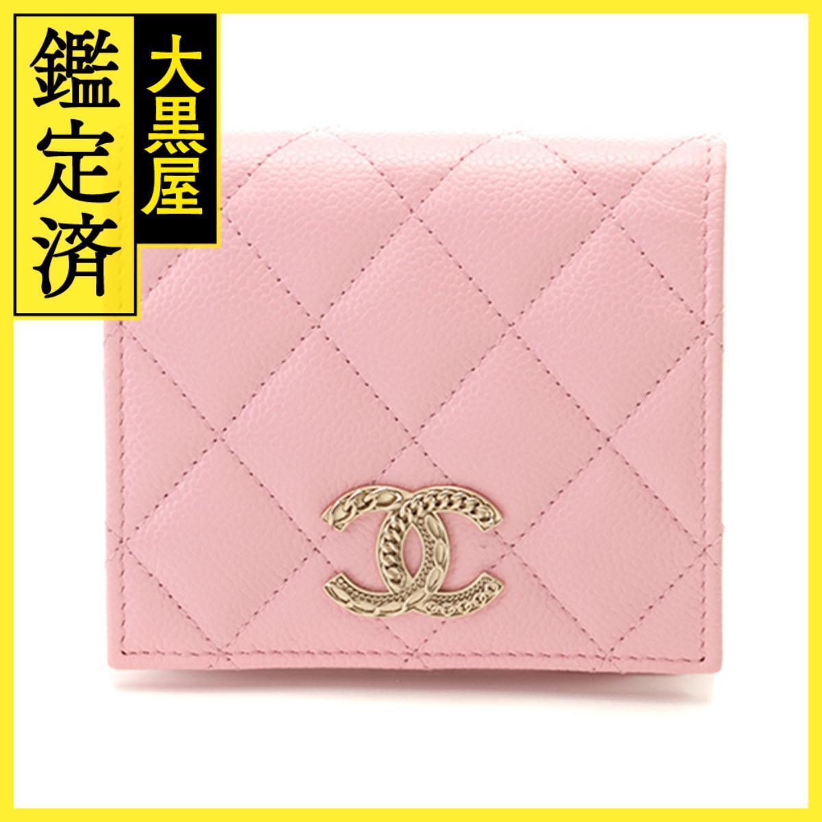 CHANEL シャネル ココマーク 二つ折財布 ピンク/GP キャビア拍卖