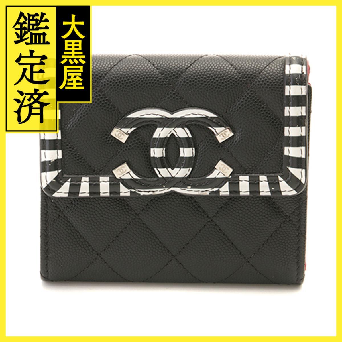 CHANEL シャネル CCフィリグリー コンパクトウォレット ブラック/ホワイト/SV キャビア拍卖