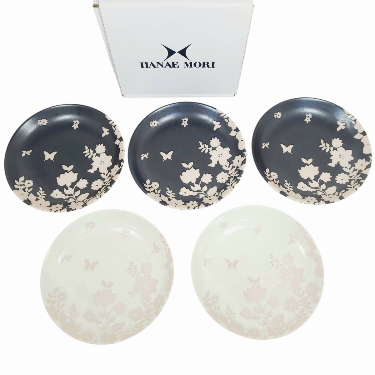 Ye2019LL HANAE MORI ハナエモリ シルエットガーデン ファイブプチ 5枚セット 小皿 プレート 皿 和食器 陶器 花柄 蝶々拍卖