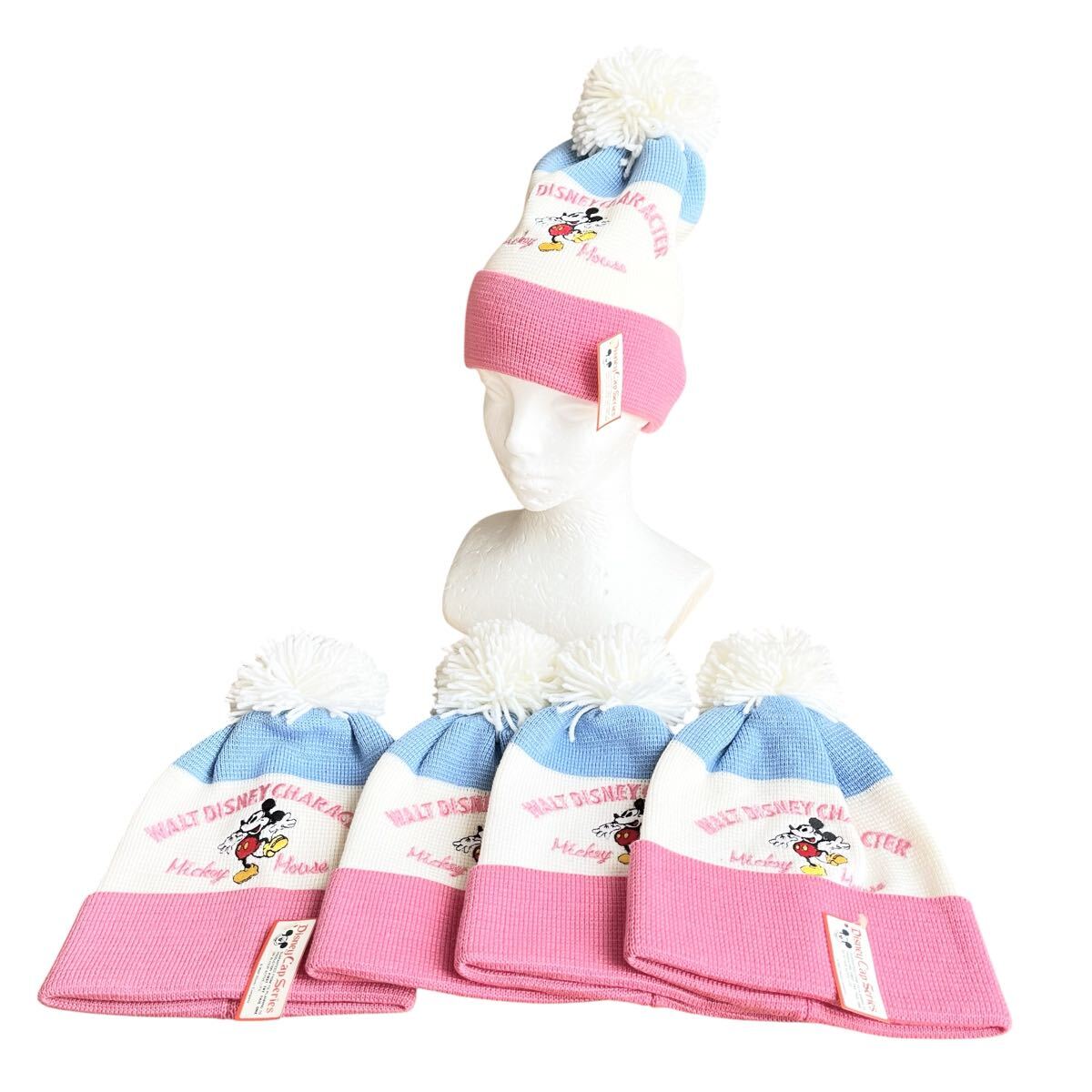 Ye2136cc Disney Cap Series ニット帽5個セット 帽子 ミッキー ディズニー ピンクxホワイトxブルー ポンポンつきニット帽拍卖