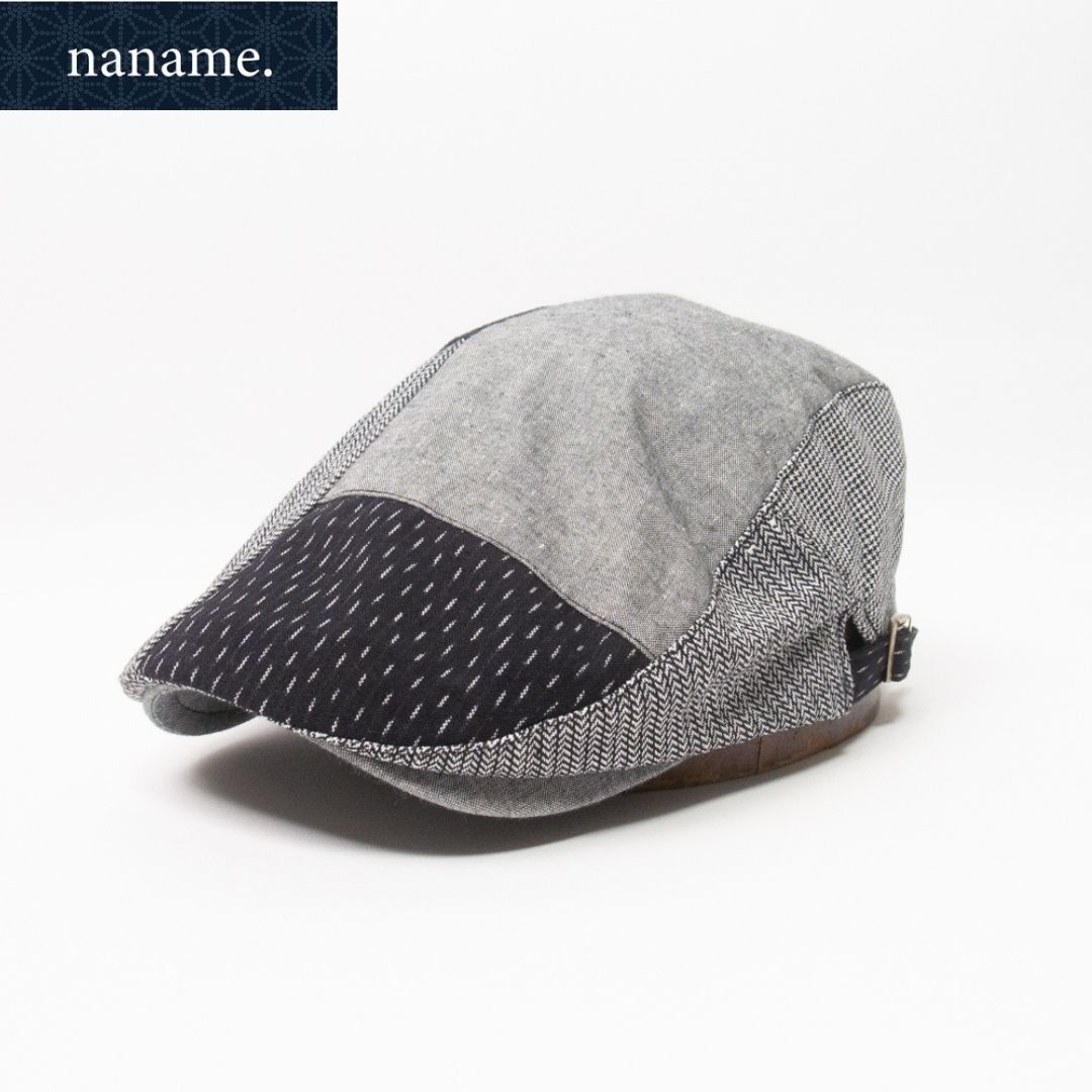 新品 naname. 久留米絣 綿麻 パッチワークハンチング グレー拍卖
