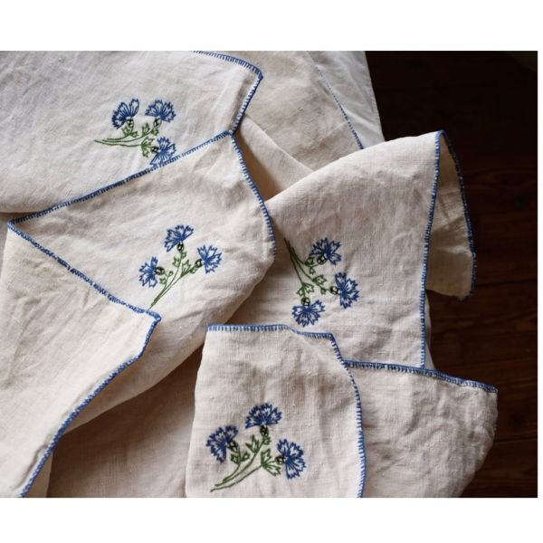 フランス 手織リネン 54c bleuetとシャンブルリネン刺繍クロス アンティーク ビンテージ ホームスパン トルション ナプキン 麻 トーション拍卖