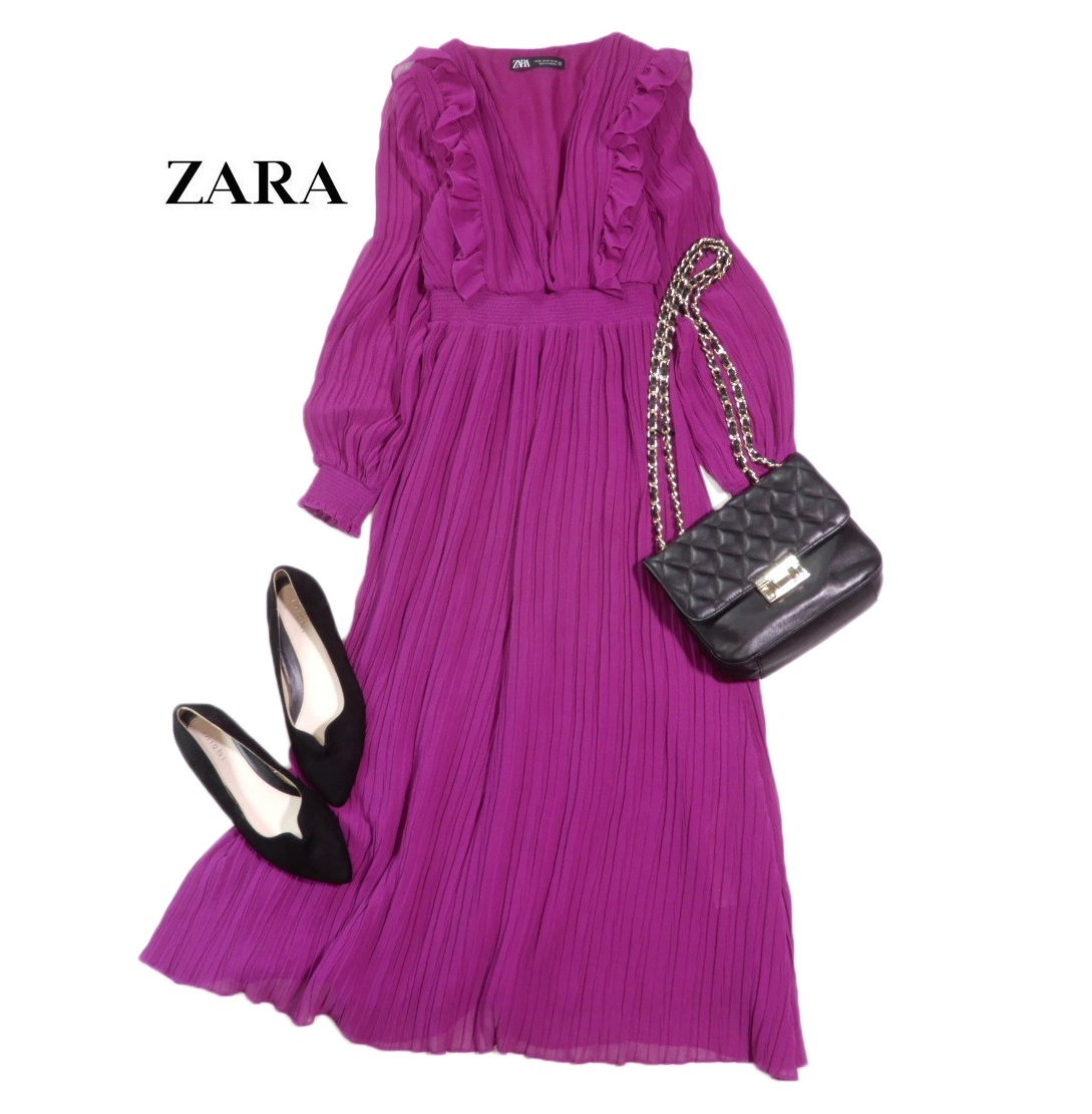 ザラ ZARA 大人素敵スタイル☆ プリーツ フリル デザイン ロング ワンピース XS拍卖