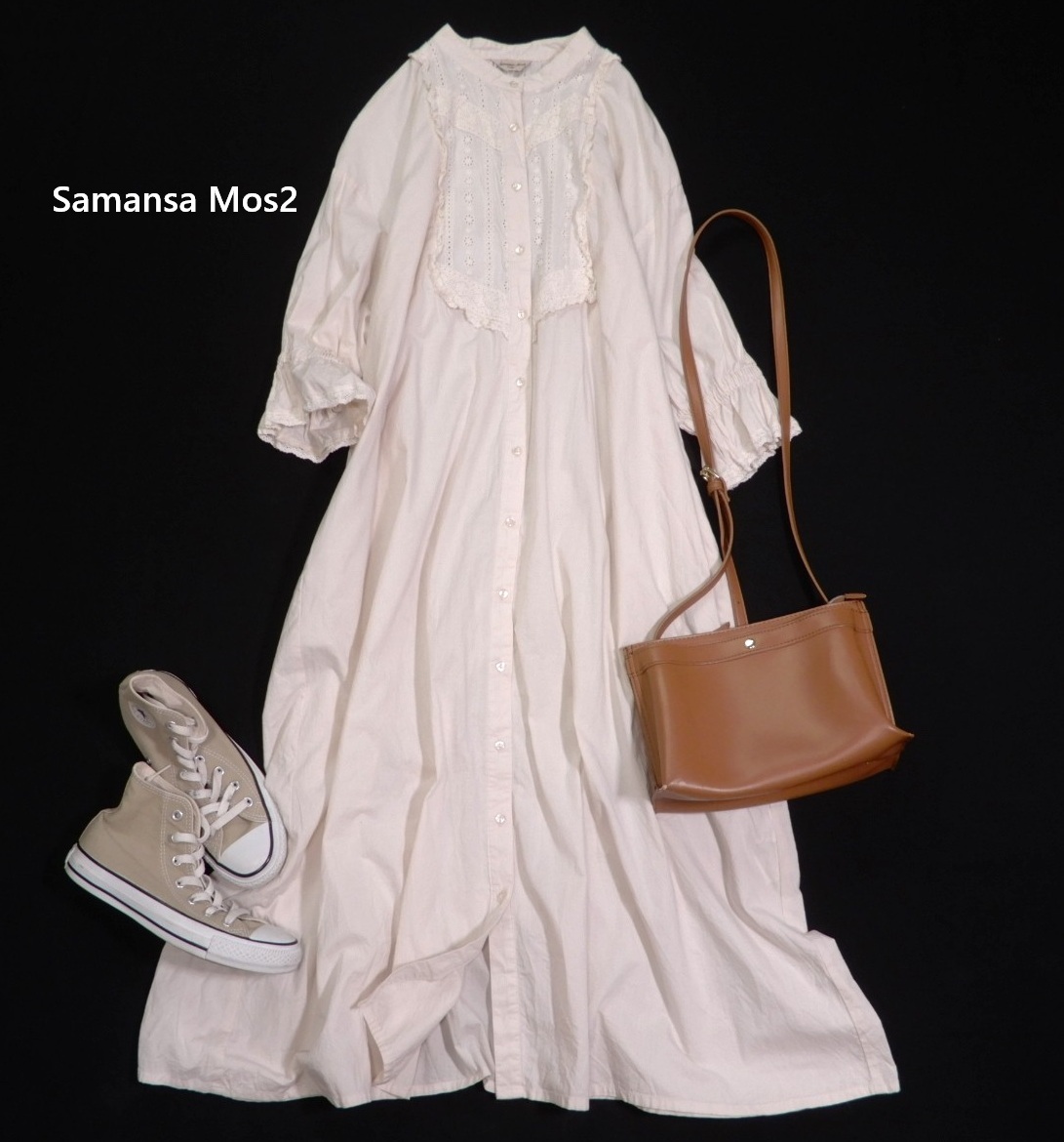サマンサモスモス samansa mos2 大人可愛い☆ 綿 コットン バンドカラー カットワークレース刺繍 デザイン ワンピース F 拍卖