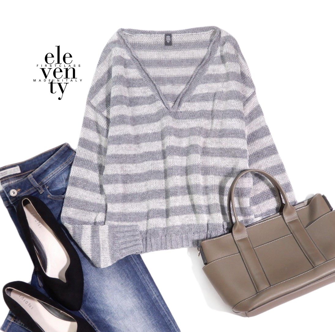 未使用 イレブンティ ELEVENTY 大人カジュアル☆ 麻 リネン ボーダー Vネック ニット プルオーバー XS ゆったり目拍卖