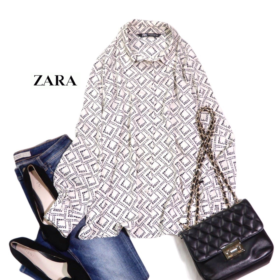 ザラ ZARA 大人素敵スタイル☆モノトーン ジオメトリックプリント 総柄 とろみ ブラウス シャツ M拍卖