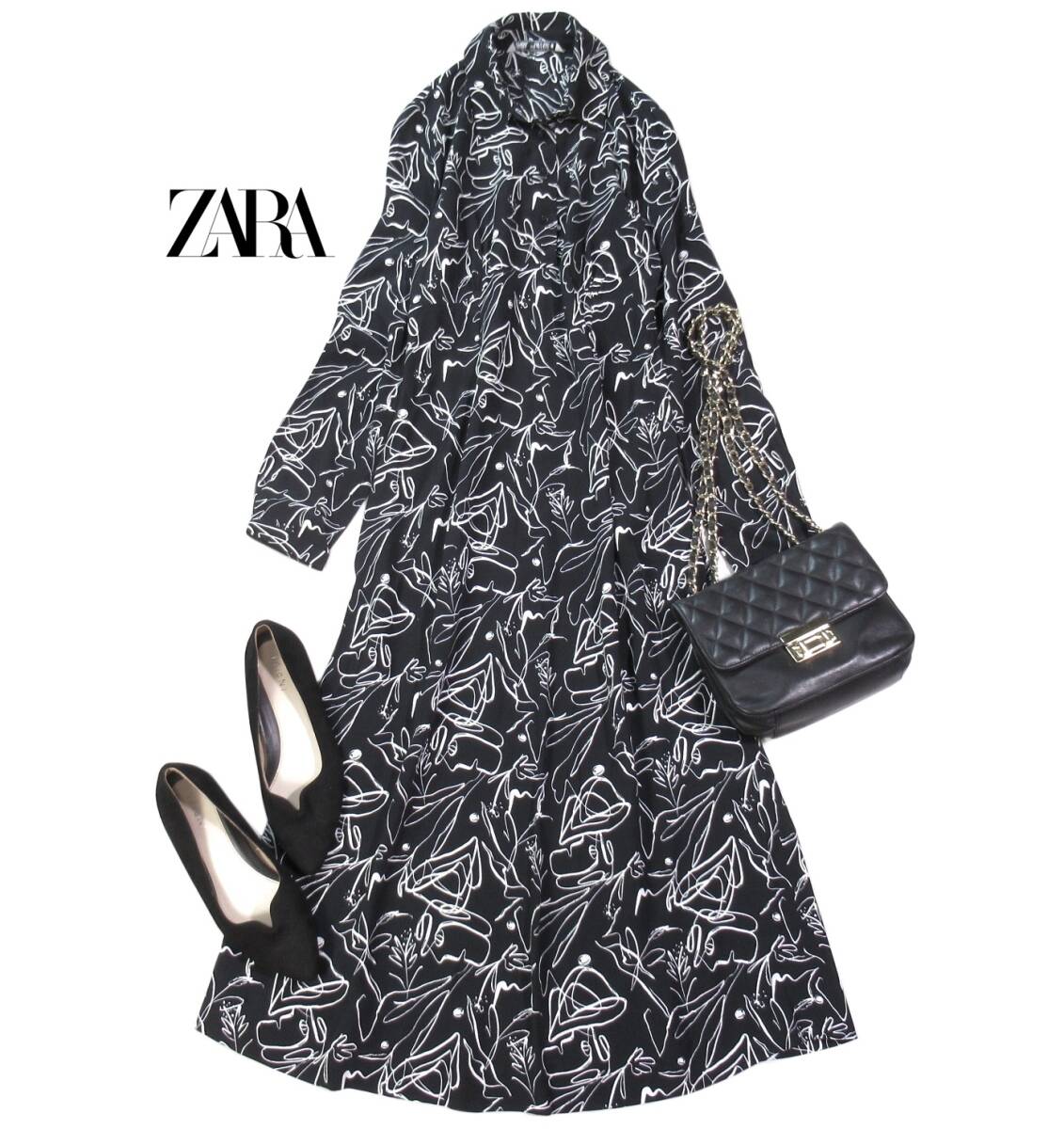 ザラ ZARA 大人素敵スタイル☆ モノトーン バイカラー 総柄 デザイン ロング ワンピース S拍卖