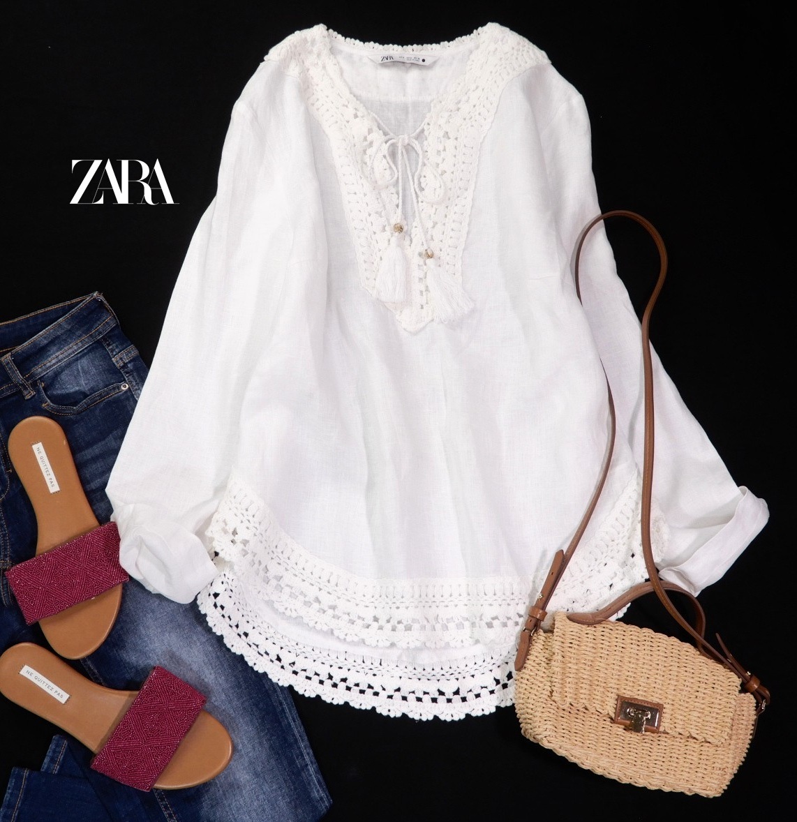 ザラ ZARA 大人可愛い☆クロシェレース リネン プルオーバー チュニック ブラウス S拍卖