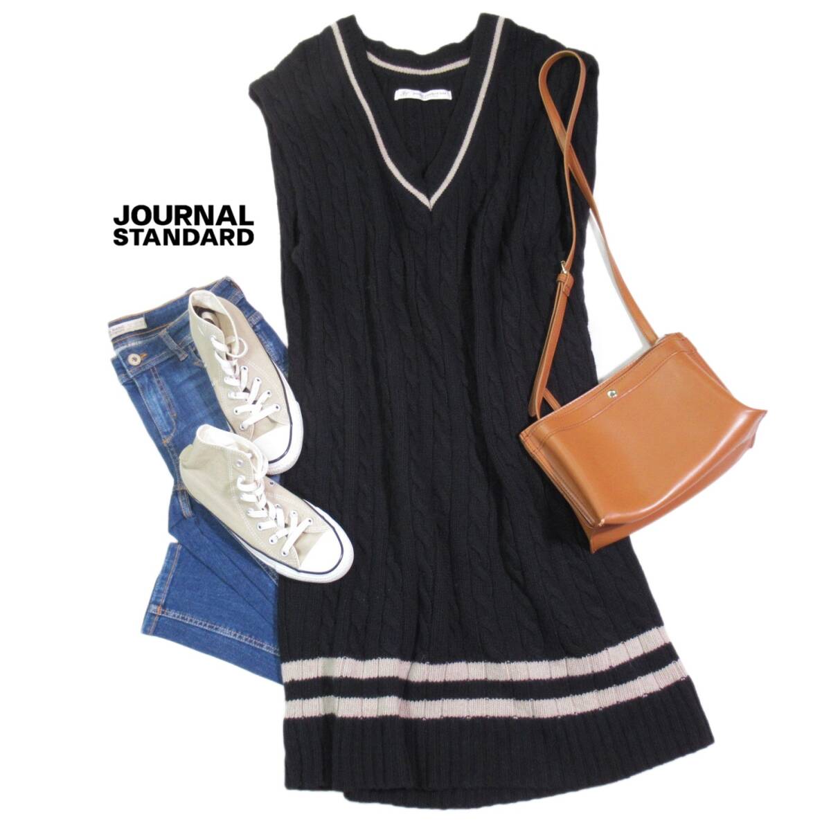 ジャーナルスタンダード ラックス luxe 大人可愛い☆ チルデン風ライン Vネック ケーブル ニット ロング ベスト チュニック ワンピース 拍卖