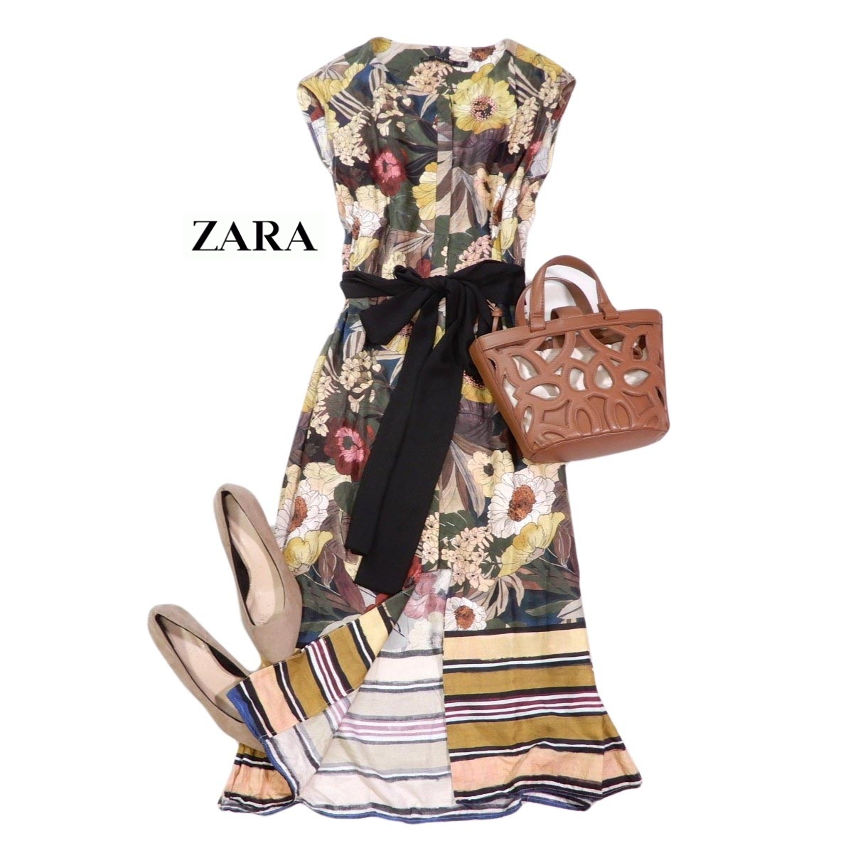 ザラ ZARA BASIC 大人素敵スタイル☆大ぶりフラワープリント ウエストリボン ワンピース S拍卖