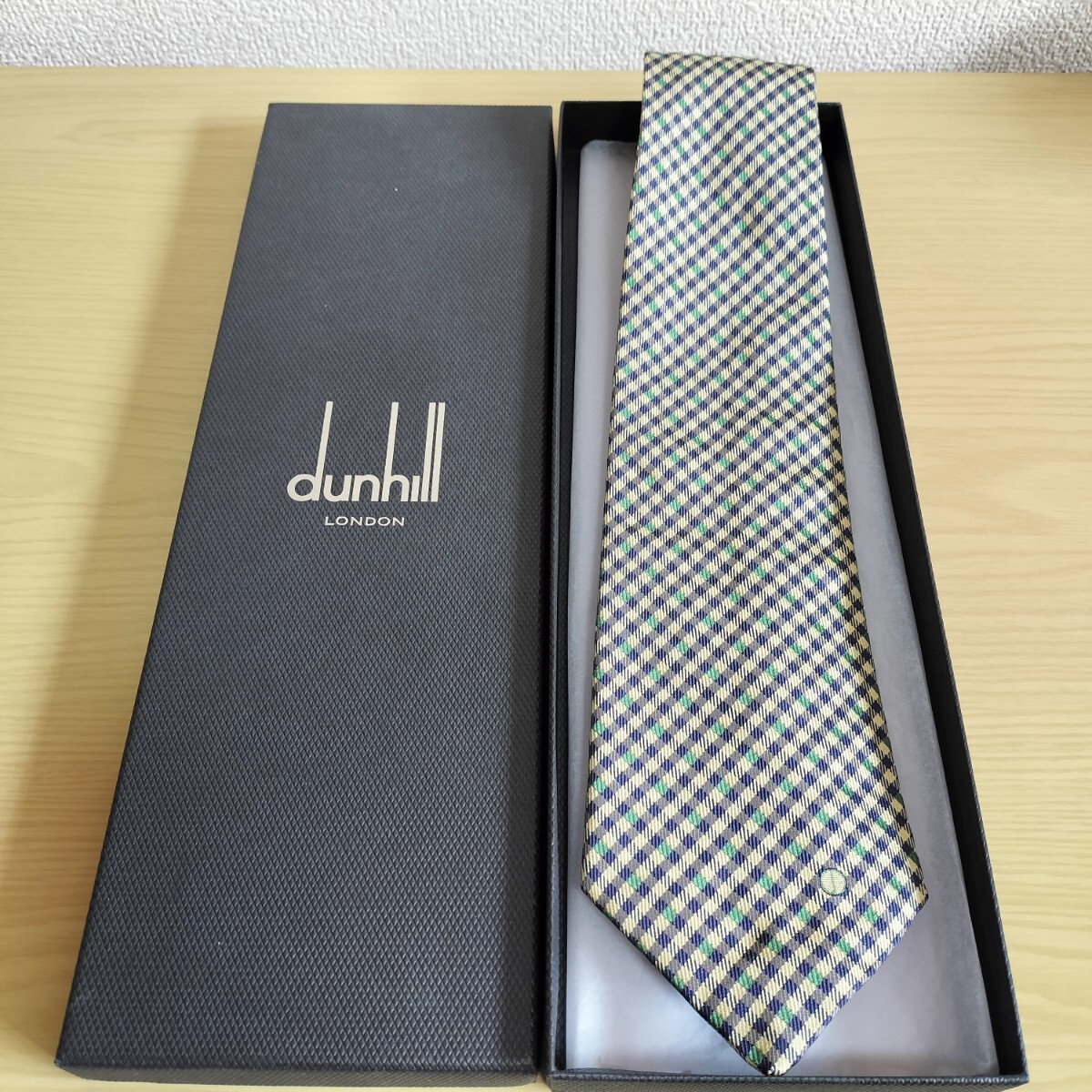ダンヒル(Dunhill)ラベンダー緑ミクロチェックDロゴ模様ネクタイ拍卖