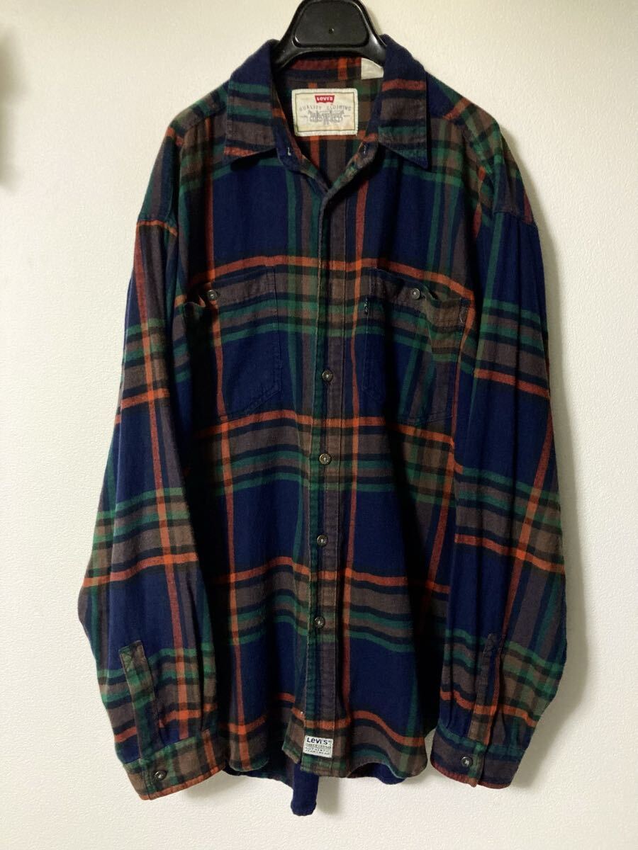 Levi's オールド ライトネルシャツ ルーズフィット 90s 00s 緑 オレンジ 青 等 刺繍品質 フランネル ダブルポケット ジャケット拍卖