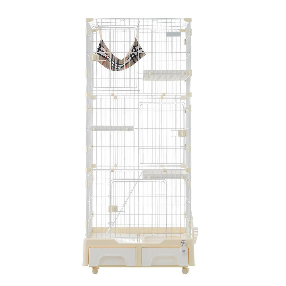猫ケージ キャットハウス 収納型 ハンモック付3段 1段2段可能 キ【クリーム】 622582拍卖