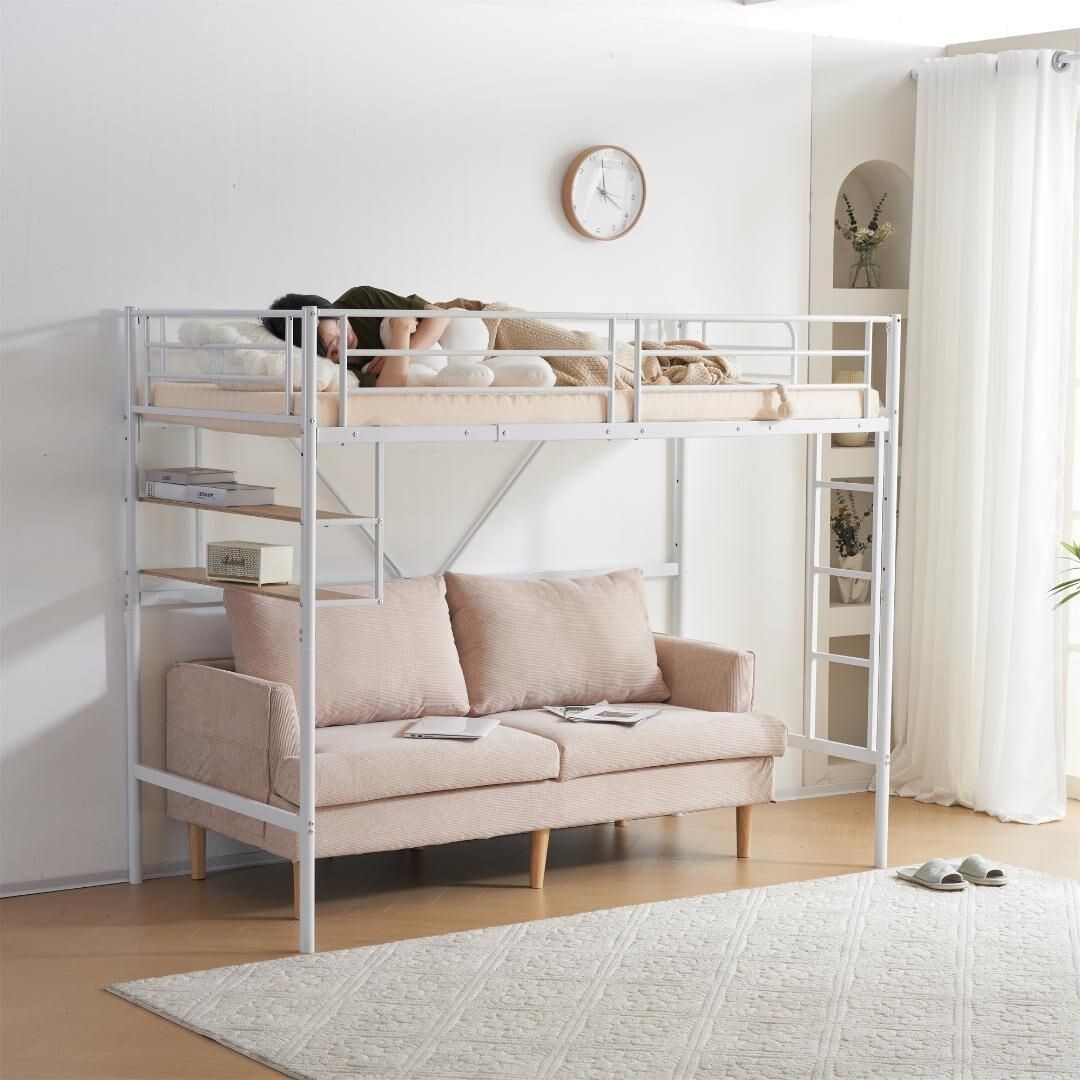 【ホワイト】ロフトベッド パイプベッド サイド棚付き シングルベッド木収納北欧風 583995拍卖
