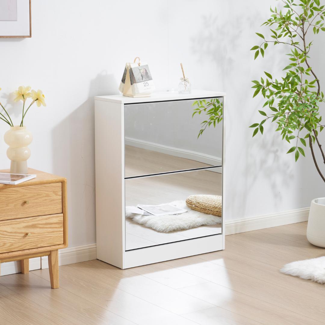 鏡付き 下駄箱2段 シューズラック 玄関収納 ひとり暮らし スリムタイプ 靴収納 1179676拍卖