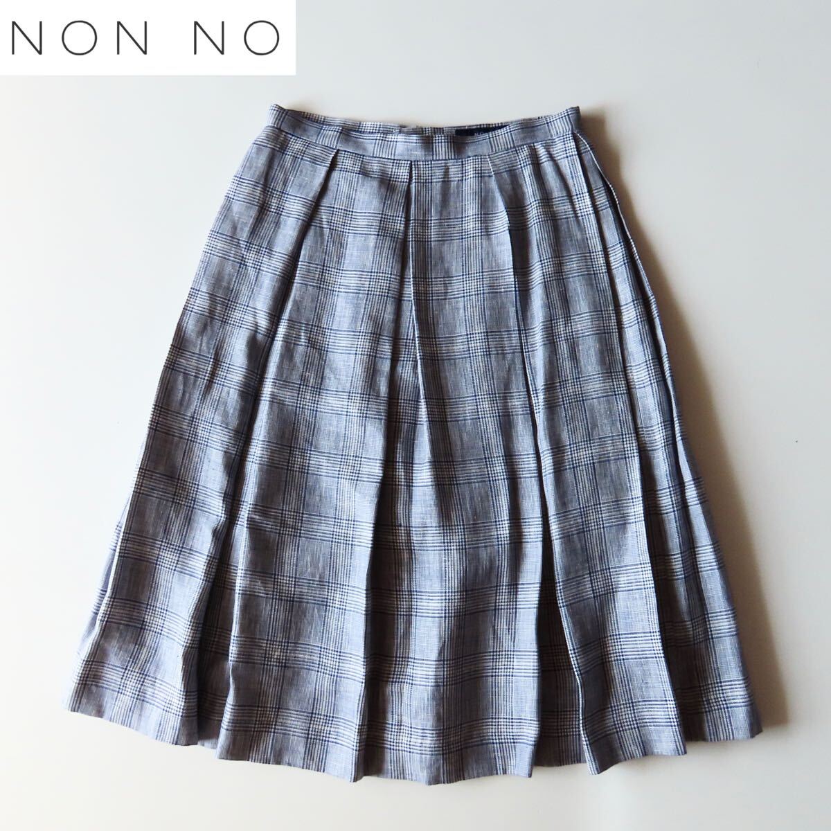高級 美品 NON NO ノンノ リネンシルクタックスカート M ブルー系グレンチェック バックジップ プリーツ 膝下丈 マドモアゼルノンノン拍卖