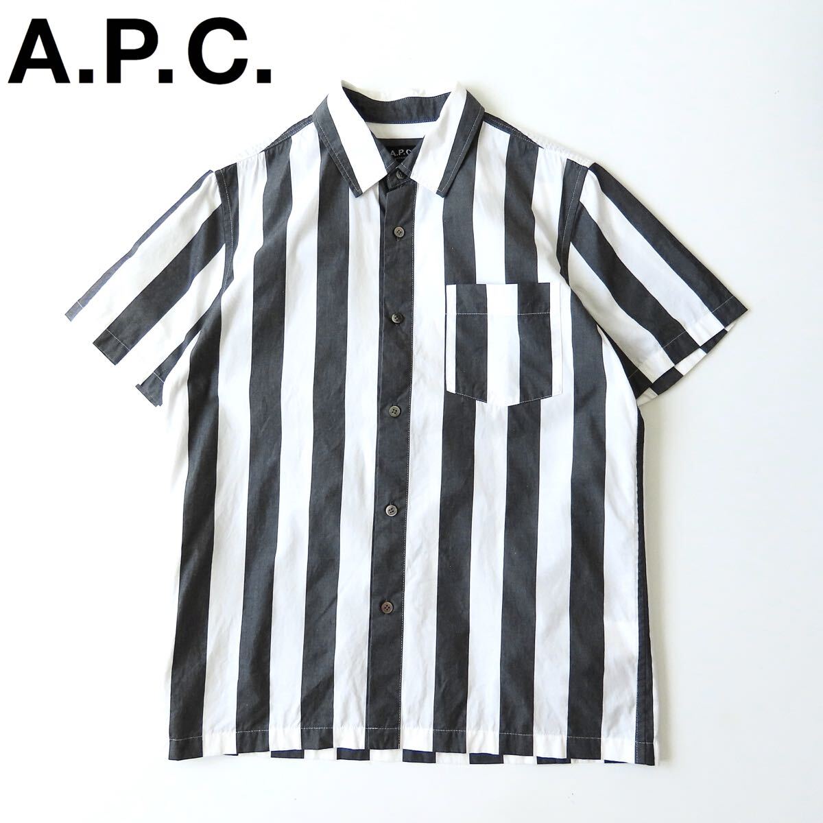 美品 A.P.C. アーペーセー 太ストライプ コットンタイプライターシャツ XS ホワイト系×グレー系 半袖 カジュアルシャツ トップス拍卖