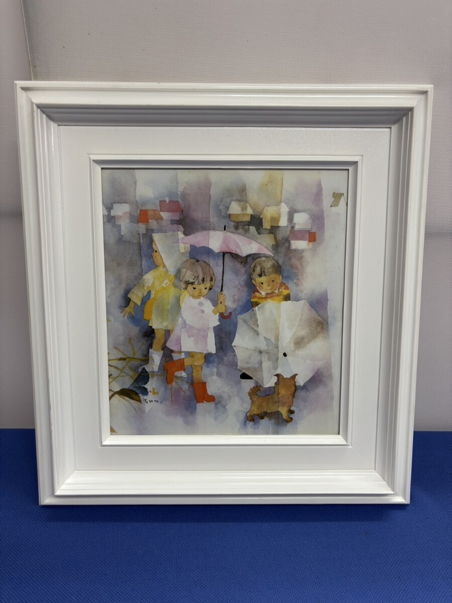 573☆いわさきちひろ  絵画/額付き【子犬と雨の日のこどもたち】拍卖