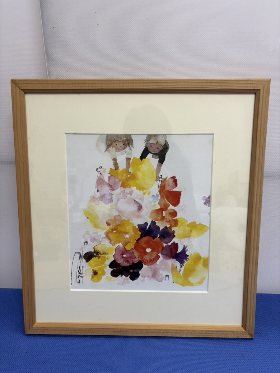 574☆いわさきちひろ  絵画/額付き【はなぐるま】色紙拍卖