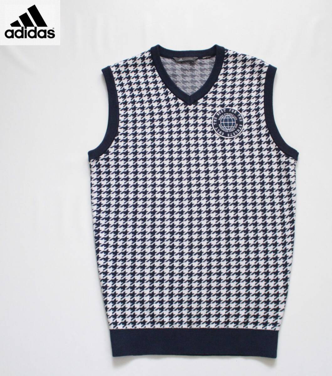 【 アディダス ADUCROSS アディクロス 】千鳥格子 チェック コットンニット ベスト DW6304 定価\10,989 Vネック ゴルフ L相当拍卖
