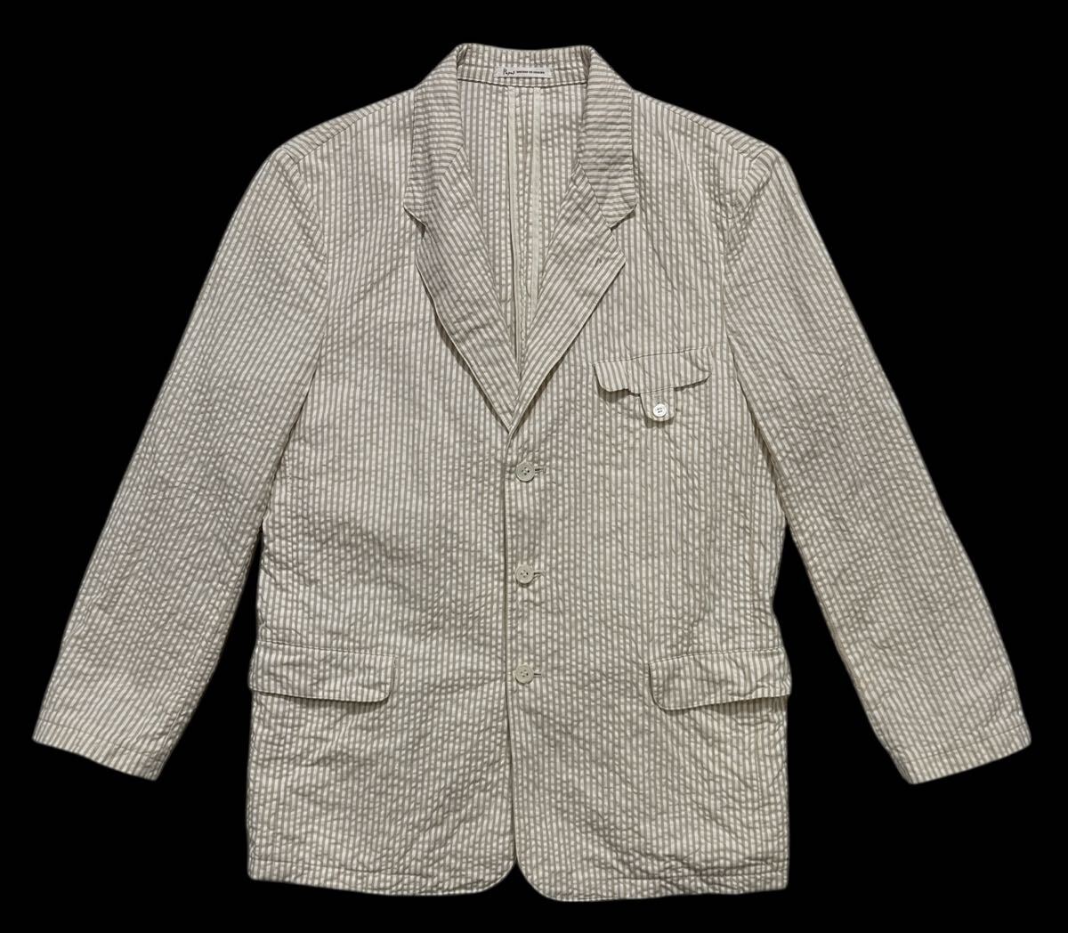 ▲ Papas パパス ▲ Pロゴ刺繍 シアサッカー地 ストライプ柄 リネンミックス 3釦 ブレザー ジャケット ベージュ×ホワイト 46 S拍卖