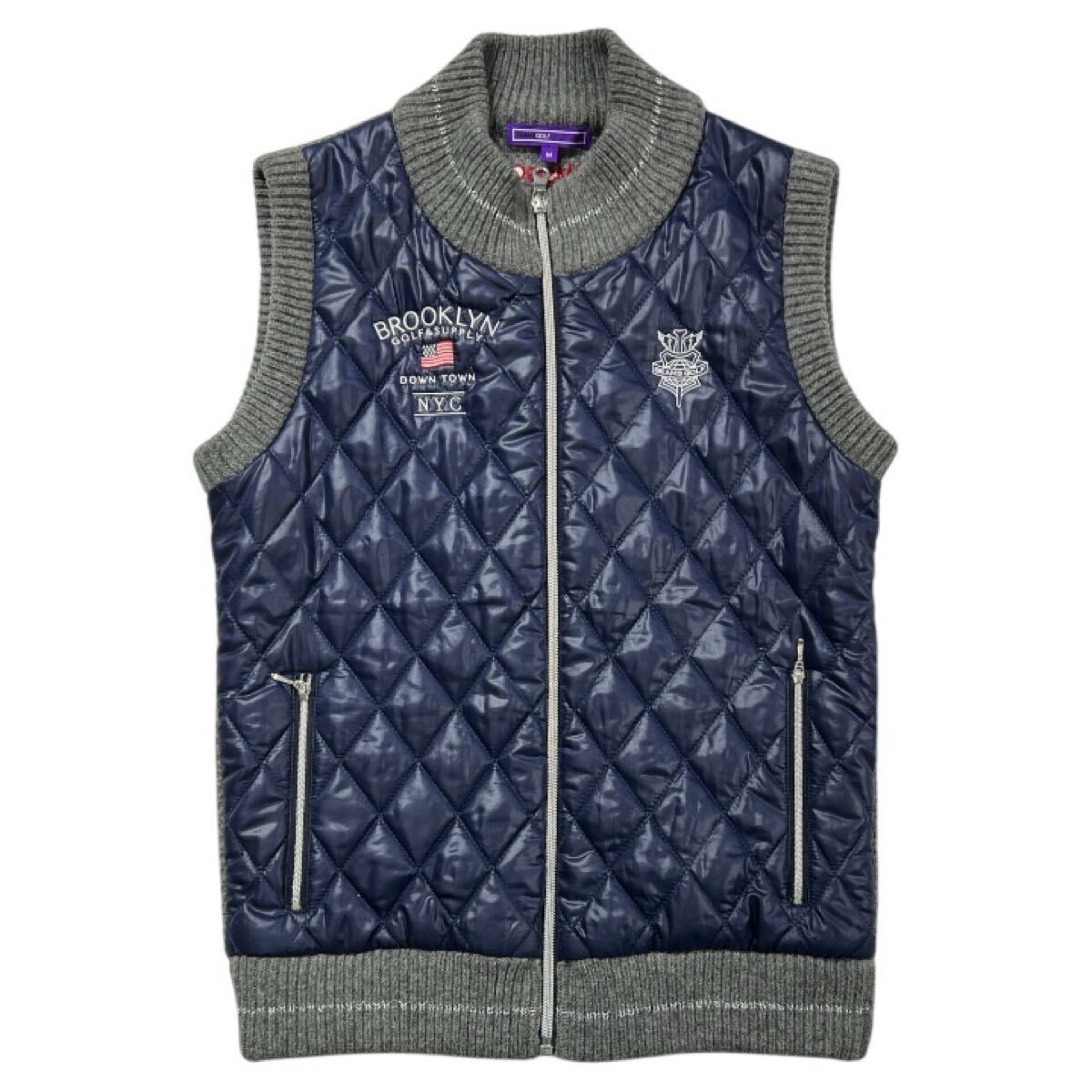 ■ BEAMS GOLF ビームス ゴルフ ■ エンブレム ロゴ 刺繍 ナイロン 切替 中綿入 ウール ニット ゴルフ ベスト M拍卖