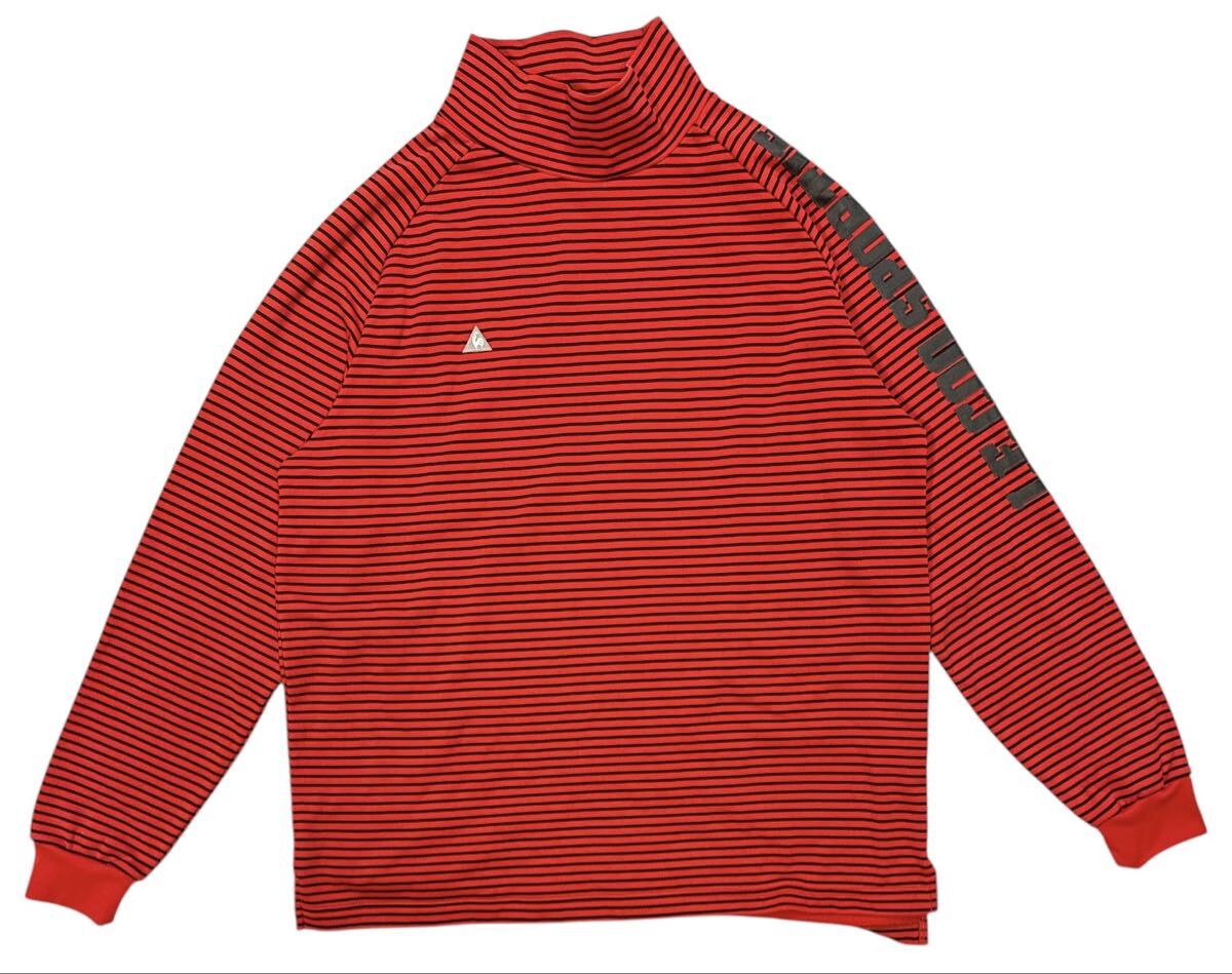 ▲ le coq sportif GOLF ルコックゴルフ ▲ ロゴプリント ボーダー柄 裏起毛 モックネック シャツ レッド×ブラック M拍卖