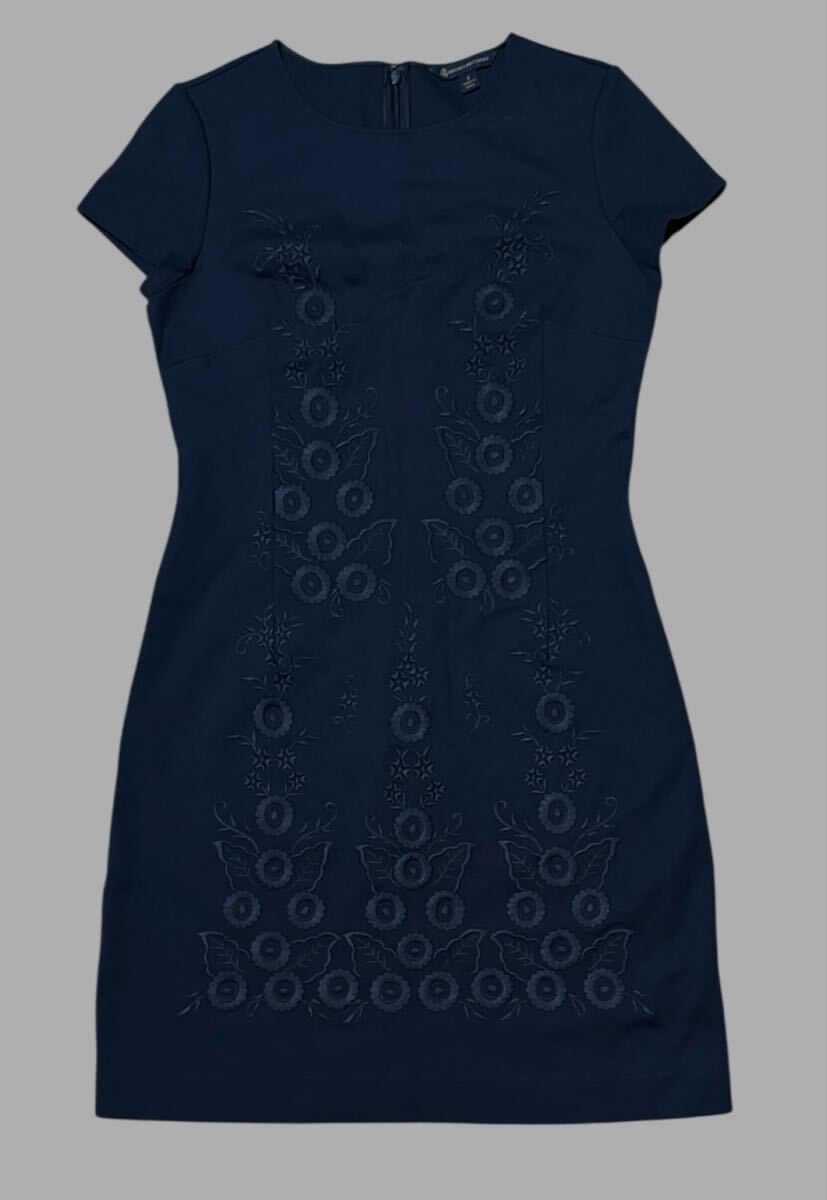 ▲ BROOKS BROTHERS ブルックスブラザーズ ▲ 花柄 フラワー総柄刺繍 厚手 ストレッチ レーヨン ワンピース ネイビー USA4拍卖