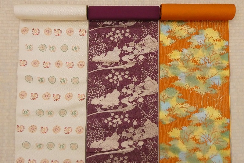 2404A-2389●丸文/名古屋帯/3点/西陣織・本場筑前博多織・含/花柄等/リメイク・材料等に/新品/未仕立て/正絹・他/(梱包サイズ:80)拍卖