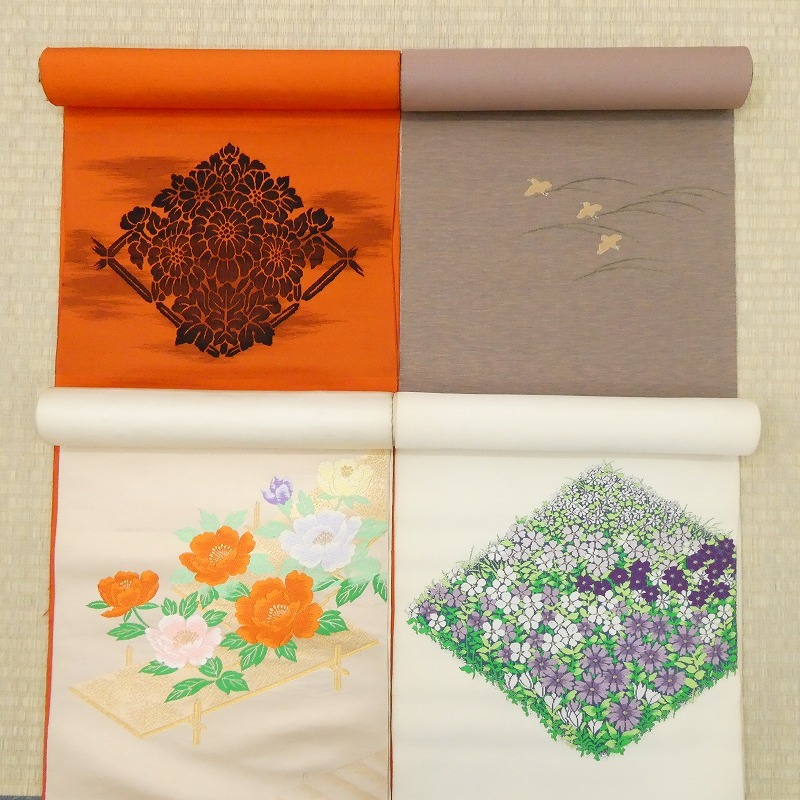 2405A-2138●丸文/名古屋帯○4点/西陣織/花柄等/リメイク・材料等に/新品/未仕立て/正絹/(梱包サイズ:80)拍卖