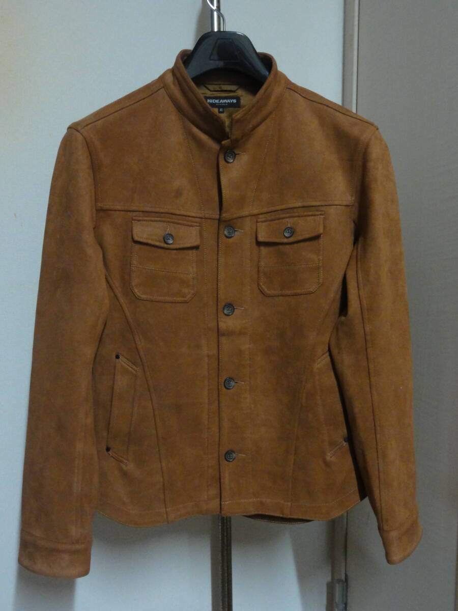 格安(48・胸囲110cm位)レア・HIDEAWAYS NICOLE(ハイダウェイ・ニコル取扱い)・茶系フェイクスエード風地・高級立襟型ライダース系ブルゾン拍卖