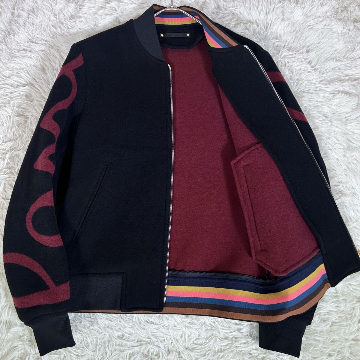 【極美品】Paul Smith ポールスミス ブルゾン ウール ジップアップ 袖ロゴ Mサイズ ブラック/ボルドー マルチストライプ ジャケット 19AW拍卖