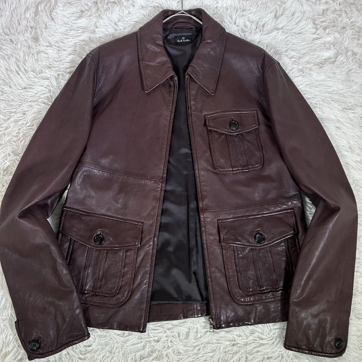 【希少!XLサイズ】Paul Smith ポールスミス レザージャケット 羊革 ラムレザー ダークブラウン 衿付き ジップアップ ブルゾン 秋冬 メンズ拍卖
