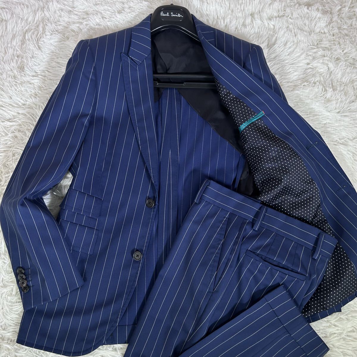 【未使用】Paul Smith ポールスミス スーツ ネイビー ストライプ 裏地ドット柄 Sサイズ セットアップ ビジネス ドレス 2B 背抜き メンズ拍卖