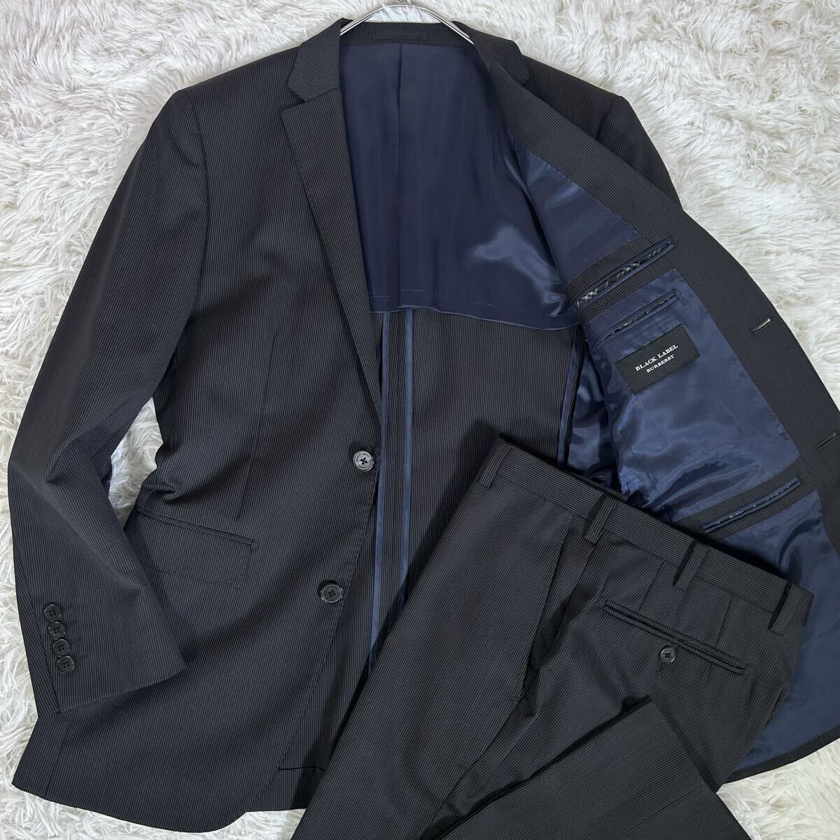 【良品】BURBERRY BLACK LABEL バーバリーブラックレーベル スーツ シルク混 38R チャコールグレー ストライプ 2B 背抜き ビジネス ドレス拍卖