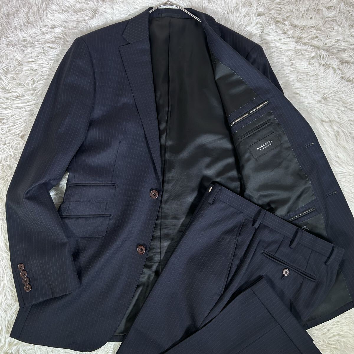 【良品】BURBERRY BLACK LABEL バーバリーブラックレーベル スーツ Super100's ネイビー ストライプ 40R セットアップ 2B 総裏 ビジネス拍卖