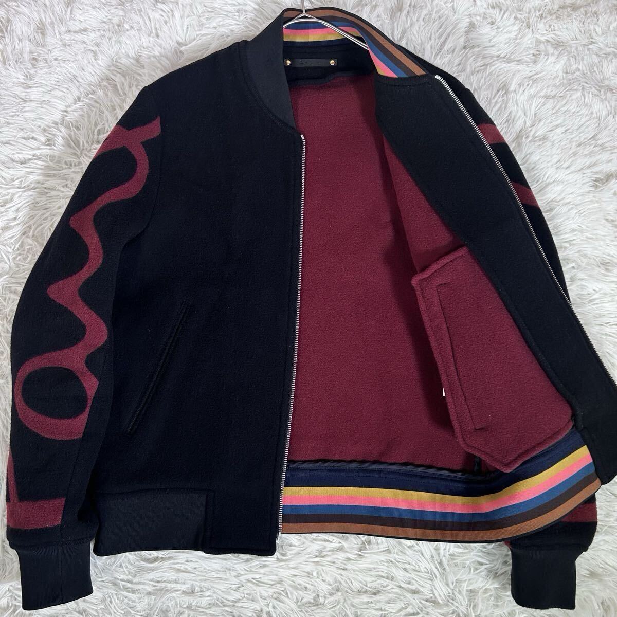 【良品】Paul Smith ポールスミス ブルゾン ウール ジップアップ 袖ロゴ Mサイズ ブラック/ボルドー マルチストライプ ジャケット 19AW拍卖