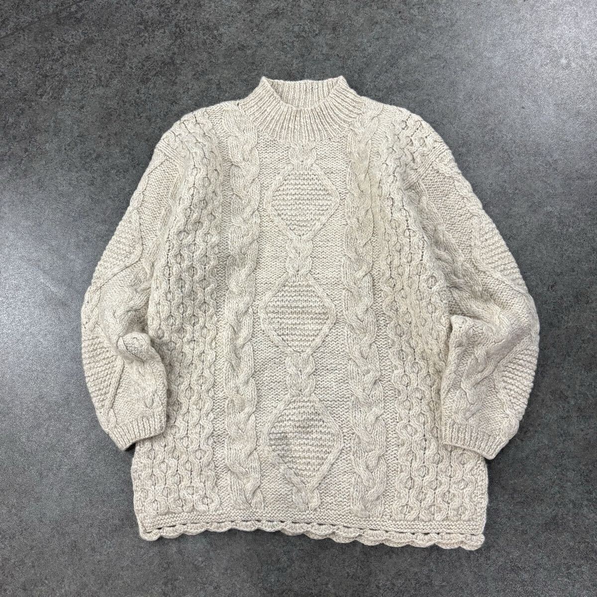 J.PRESS ジェイプレス アランニット フィッシャーマンセーター ハンドニット ハイネック サイドスリット オフホワイト レディース拍卖