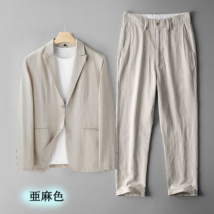 セットアップ メンズ リネンジャケット 二つボタン 上下セット テーラードジャケット 九分丈 麻100%パンツ Zty-5594 亜麻色 3XL拍卖