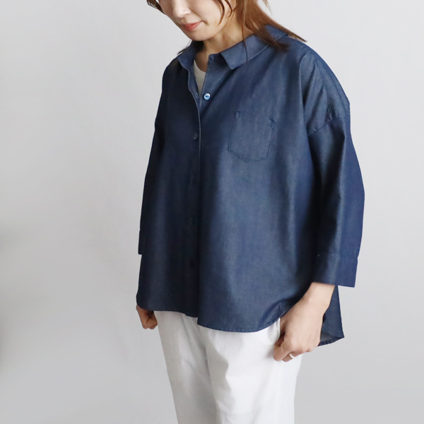 秋支度SALE 甘織デニム 角襟 燕尾裾 幅広 オーバーシャツ 前開きジャケット 胸ポケット ゆったり H53拍卖